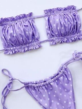 Lilac Polka Dot Ruched Bikini Set